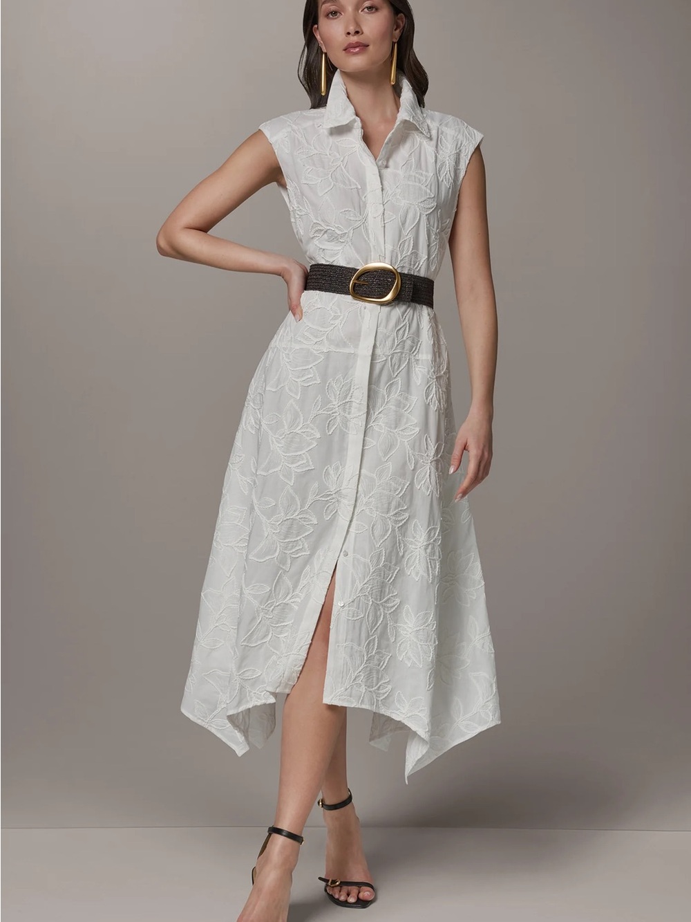 Donna Karan White Sleeveless Embroidered Midi Shirt Dress